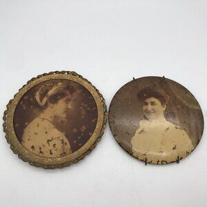 Vintage Antique Photos Set of 2 Celluloid Button Woman Portrait Profile 6"